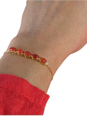 925 Sterling Silver Adjustable Bracelet with Natural Oval Red Coral 4x5mm & Cz